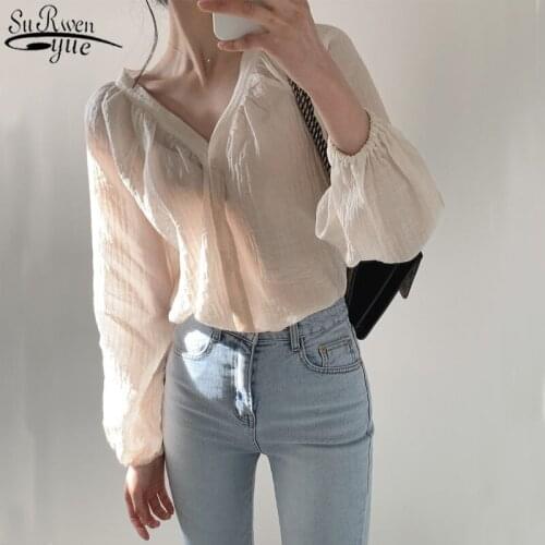 Korean Vintage Blouses Women Long Sleeve Puff Sleeve Shirt for Women V-neck Womens Clothing Loose Tops Women 2021 13509