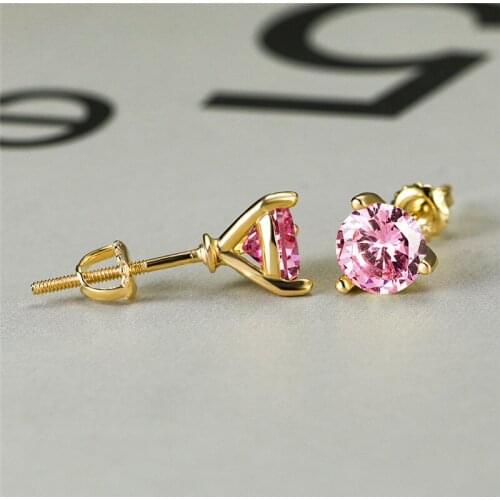 Elegant Pink Round Zircon Three Prong Screw Back Earrings For Women Vintage Fashion Gold/Rose Gold/Silver Color Ear Stud Earring