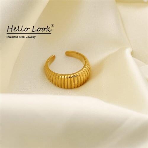 HelloLook Vintage Tire Strip Ring 18K Gold Plated Stainless Steel Narrow Croissant Ring for Women Open Finger Ring Size 6/7/8