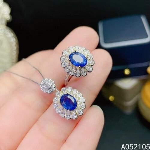 KJJEAXCMY fine jewelry 925 sterling silver inlaid Natural sapphire women vintage fresh flower OL style gem pendant ring set supp
