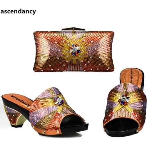 Orange Color African Shoes and Matching Bag Italian Italian Shoes and Bags To Match Shoes with Bag Set Decorated with Rhinestone