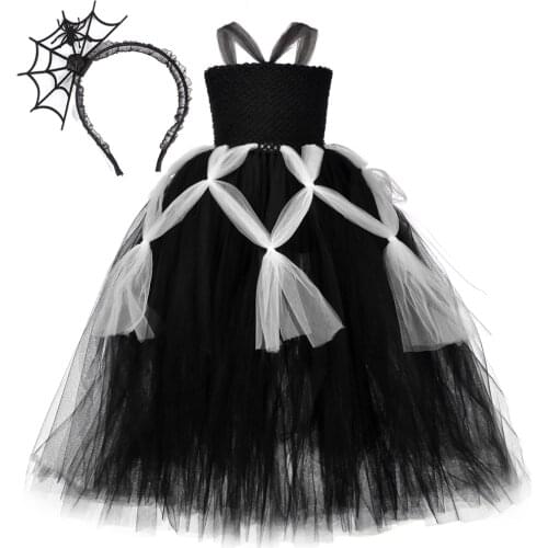 Black Spider Hallloween Costume for Girls Kids Long Witch Tutu Dress Children Fancy Dresses Party Tulle Outfit Gown Ankle Length