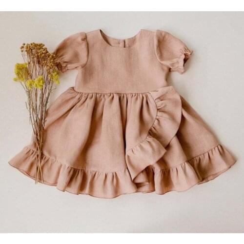 Summer Girls Dress Short Sleeve Cotton Linen Infant Kids Ruffles Lace Tutu Dress for Girls Toddler Party Wedding Costumes Child