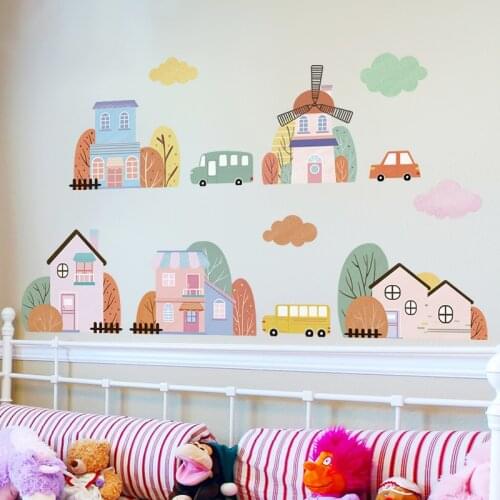 Cartoon Town Wall Stickers DIY Kids Bedroom Boy Girl Room Decor Aesthetic Self-adhesive Wallpaper Kindergarten Wallstickers Art