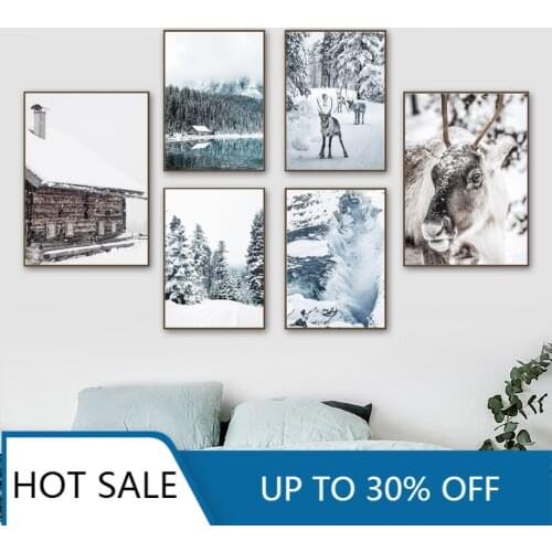 Snow Mountain Forest Reindeer Lake House Wall Art Canvas Painting Posters Prints Nordic Wall Decor For Aesthetic Home Decoration