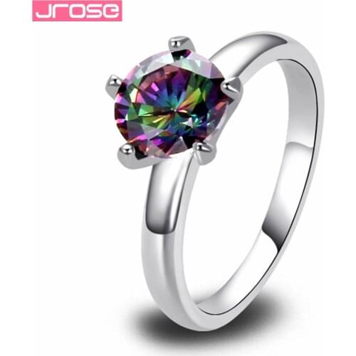 JROSE New Solitare Rainbow CZ Silver Color Ring Size 6 7 8 9 10 11 12 13 Jewelry For Women Party Cocktail Wholesale $0.99