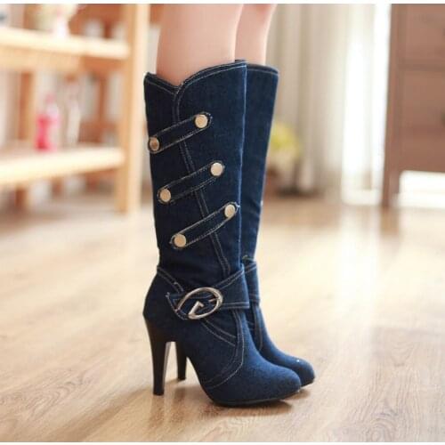 New arrivals womens boots fashion Denim Buckle Knee-High boots Round Toe high heels long boots Button Knight boots women shoes