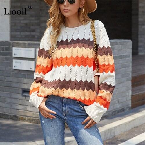 Stripped Print Baggy Autumn Knitted Sweaters Casual Streetwear Loose Color Block Pullovers Long Sleeve Women Jumpers Winter 2021
