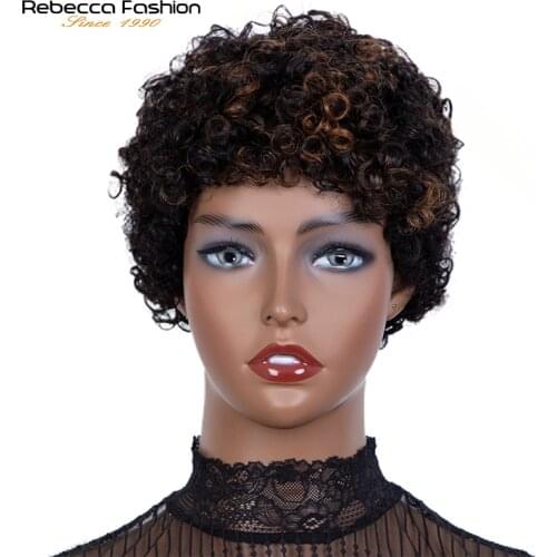 Pixie Cut Wigs Short Blend Human Hair Full Wig With Bangs Straight Perruque Cheveux Mixed Humain Brazilian wig for black women