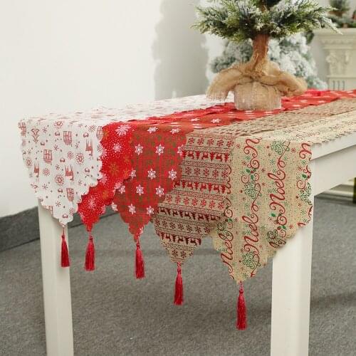 Christmas Linen Printed Table Flag Table Runner Printed Tassel Tablecloth for Home Cristmas Christmas Decoration Xmas Table Flag