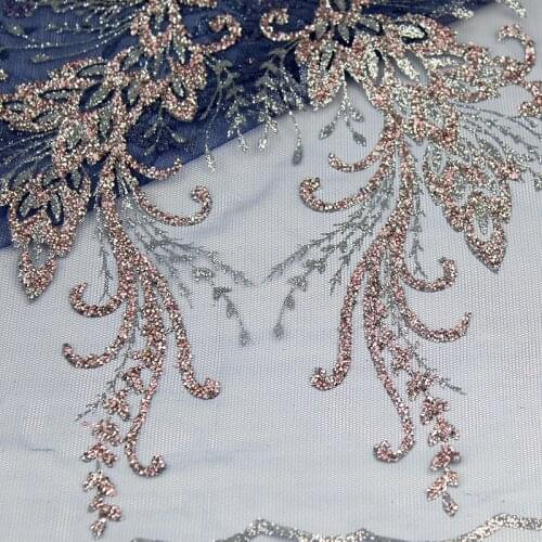 Navy Blue Transparent African Guipure Net Glitter Lace Crystal Rhinestone Tulle Fabric for Women Dress High Quality DIY Material