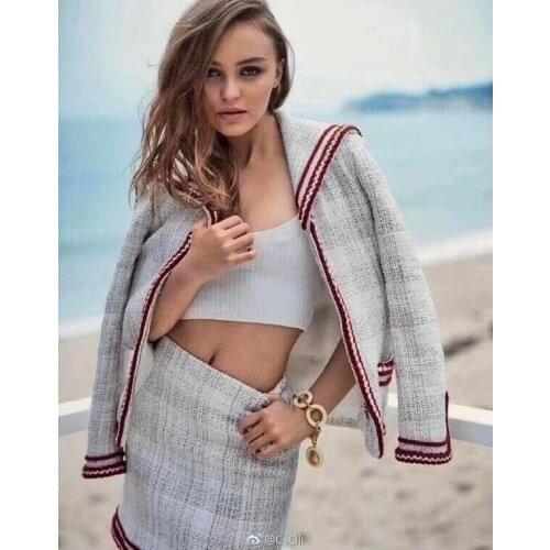 Preppy Chic Runway Autumn Contrast Braid Lurex Crochet Knit Cotton-Blend Tweed Jacket Classy Sailor Collar Zip-Up Coat Knitwear