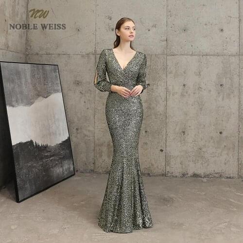 Evening dresses sexy v-neck mermaid black gold sequin Prom dress floor length in stock evening gown with long sleeves