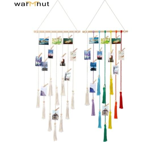 WarmHut Hanging Photo Display Macrame Pictures Organizer Wall Hanging Boho Decor Birthday Gifts for Room with 20 Wooden Clips