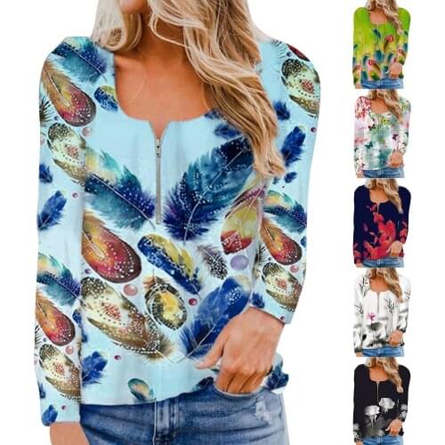 2021 new round neck zipper feather flower printing long-sleeved T-shirt casual shirt women