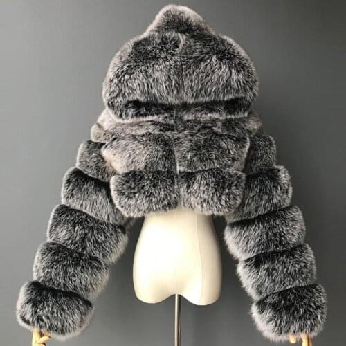 Women Fashion Winter Faux Fur Cropped Coat Fluffy Zip Hooded Warm Short Jacket Warm Short Jacket