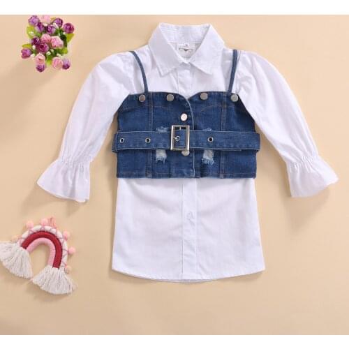 1-6Y Kids Girls Fashion Clothes Sets 3Pcs Child Long Sleeve Shirt Dress + Denim Vest with Belt 2021 Summer Autumn Baby Outfit