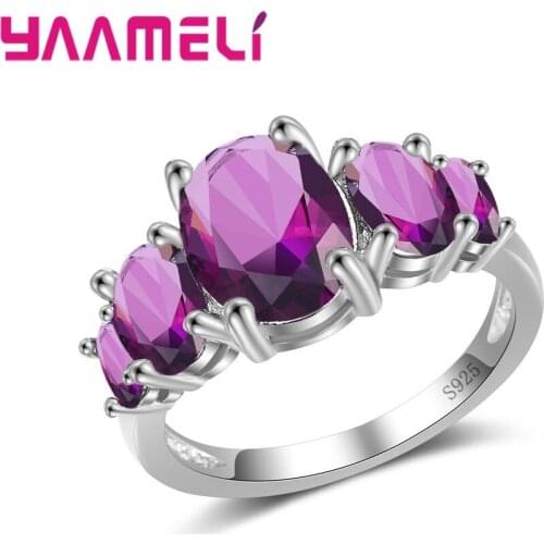 Silver Cubic Zirconia Crystal Promise Wedding Rings for Women Bride Accessories Jewelry Rings Purple Shiny Stone Anel