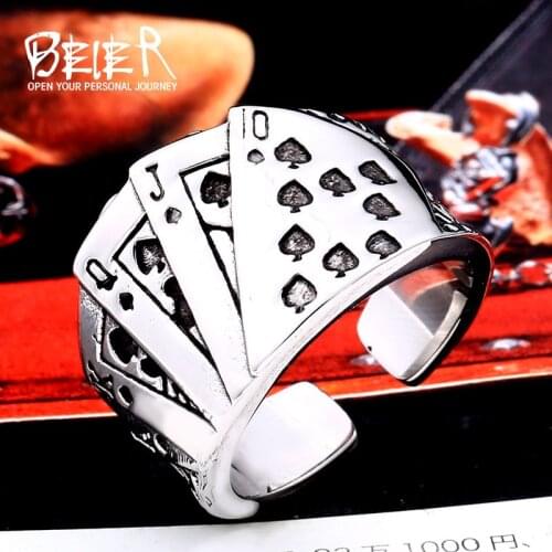 BEIER 316L stainless steel Fashion Lucky Playing Card Spades Flush Adjustable Mens Ring Rock High Quality Jewelry LLBR8-730R