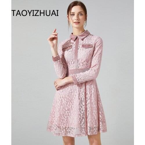 Brand pink lace dress European and American large spring and autumn fashion T platform Lapel new fashion young age skirt