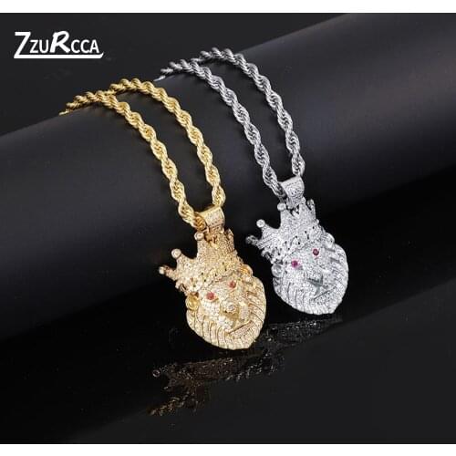 Hip Hop Lion Crown Pendant Necklace Gold Rope Chain Cubic Zirconia Stone Necklaces for Women Men colar masculino