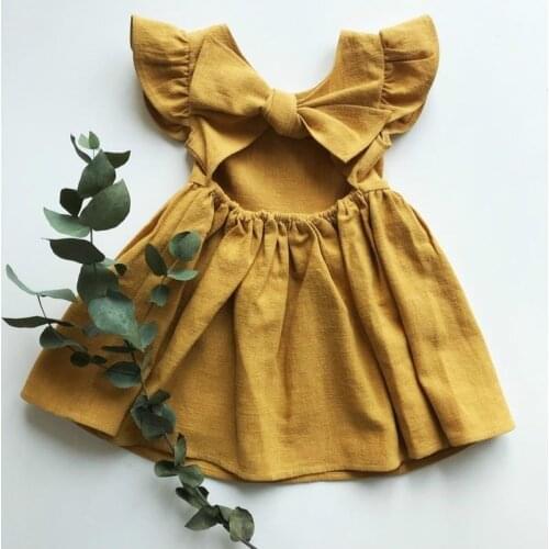 Girls summer dress 2021 toddler kids girls clothes cotton and linen solid color children clothing bow princess dress tutu dress