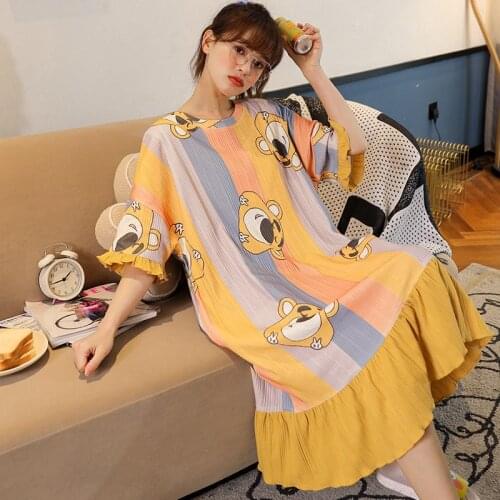 Womens Cotton Homedress Nightdress Half Sleeve Nightgowns Girls one-piece dress Sleepwear Loose Home Clothing Plus Size "M-4XL