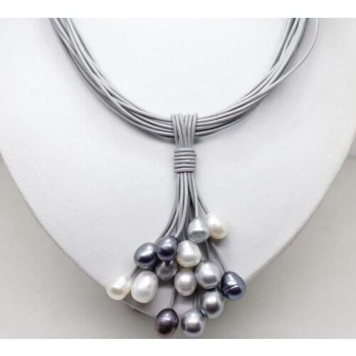 Free Shipping 12mm Real White Black Gray Freshwater Pearl Necklace Leather Cord Magnet Clasp