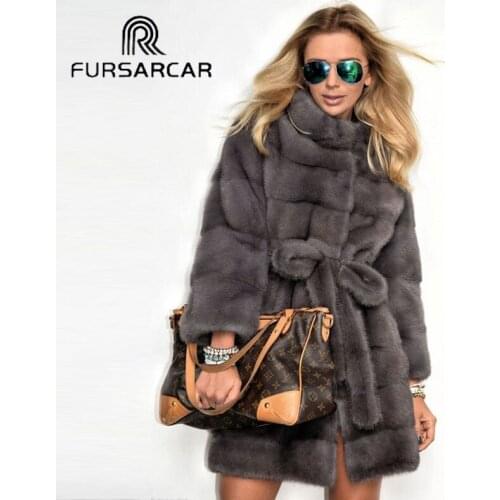 FURSARCAR New Arrival Real Mink Fur Coat Women Hot Sale 85 CM Long Genuine Mink Fur Female Coat With Fur Collar High Quality