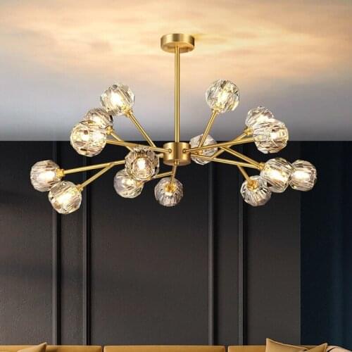 Nordic Luxury ALL Copper Crystal Chandelier Lighting American Vintage Lights Living Room Gold Lustre Molecular Art Hanging Lamps