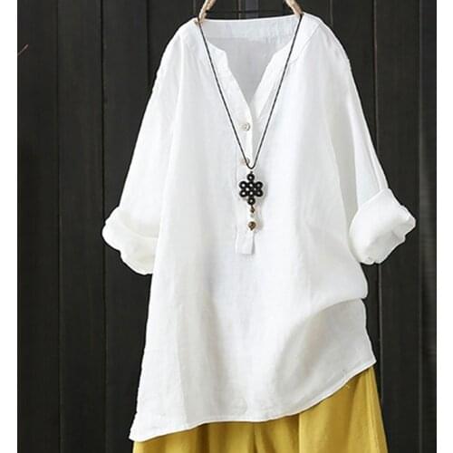 Cotton Linen Shirt Top Women Solid Stand Collar V-neck Long Sleeve Blouse Shirt Casual Loose Blouse Button Down Tops Blusas