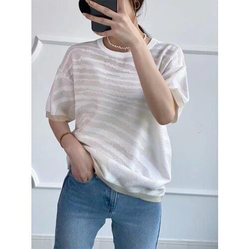 2021 New Runway Design Summer Knitted Womens T-shirt Novelty Strips Print Short Sleeves Slim White / Green T-Shirt