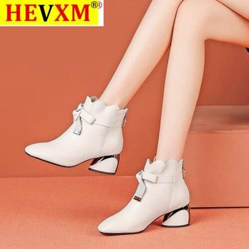 HEVXM 2020 Female Comfortable Thick Heel Ankle Boots Fashion Buckle Zipper Boots Women Pointed Toe Fall Winter Shoes
