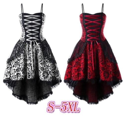 Plus Size Women Gothic Punk Lolita Costume Vintage Bandage Lace Trim Straps A Line E-Girl Corset Dresses Halloween Party Outfit