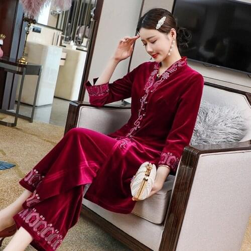 Top Quality Womens Set 2020 Autumn Winter 2 pc Suit Set Female Lurex Embroidery Long Tops Coat+Wide Leg Pants & Capris Set 60s
