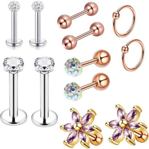10 Set Stainless Steel Piercing Cartilage Earrings 16G Helix Tragus Ear Stud Lip Nose Hoop Rings Barbell Labret Jewelry 120pcs
