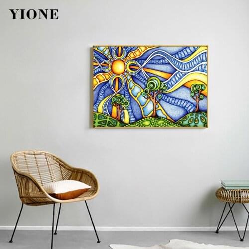 Abstract Art Landscape Painting Colorful Psychedelic Sun Tree Sky Canvas Picture Print Wall Poster for Living Room Aisle Decor