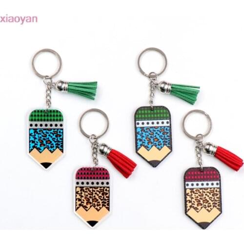 1pcs) KH1052-50mm Leopard Pencil Acrylic Keychain Double Faces Printed Teacher Appreciation Gift Keychai (Custom MOQ50pcs)