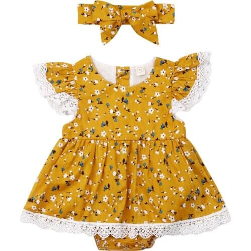 Citgeett Summer 2PCS Newborn Baby Girl Floral Clothes Lace Bodysuit Yellow Dress Jumpsuit Summer Outfit Clothes