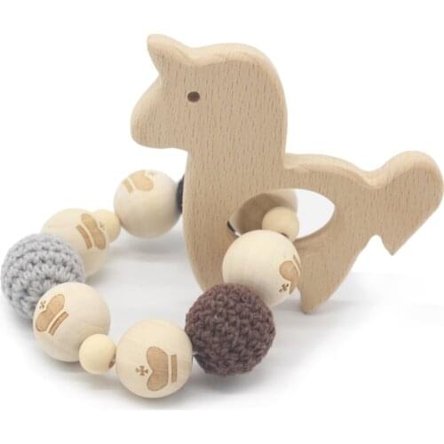 Baby Wooden Rattle Teether Crochet Bead Wood Beech Star Crafts Ring Baby Nursing Bracelet Rattle Stroller Infant Natural Toy