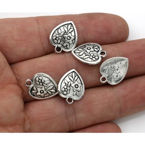 JAKONGO 10PCS Antique Silver Plated Flower Heart Charms Pendants for Jewelry Making DIY Handmade Accessories