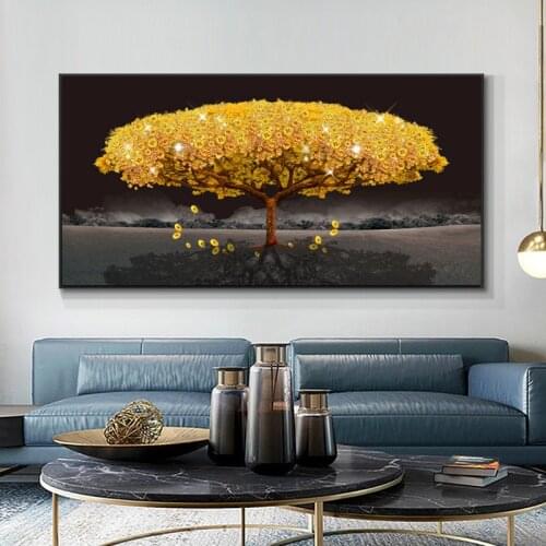 Modern Black Golden Rich Tree Oil Painting Printed On Canvas Posters And Prints Landscape Wall Art Pictures Home Decor Cuadros