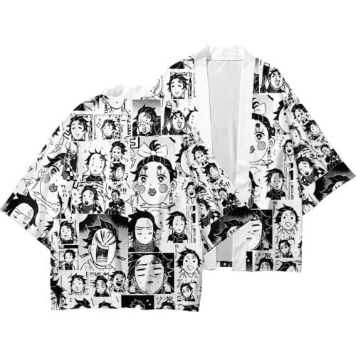 Demon Slayer Tanjiron Zenitsu Funny Anime Face Printing Kimono Haori Women/Men Fashion Summer Casual Short Sleeve Streetwear