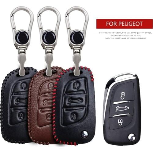 Leather Car Key Case Cover For Peugeot 106 206 306 107 207 307 407 partner 301 208 308 SW 408 508 2008 3008 5008 Keyring Chain