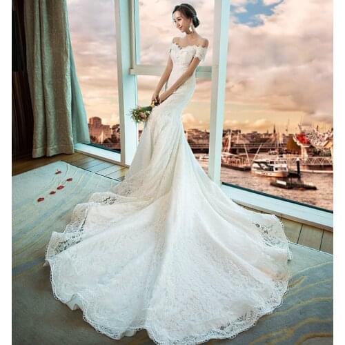 New Arrivals Lace Appliques Mermaid Wedding Gowns With Train Vestido Novia V-Neck Lace Up Back Elegant Woman WeddiDresses