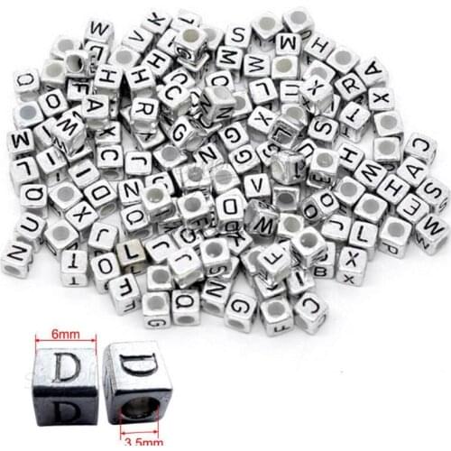 Fashion Silver Plated Acrylic Alphabet DIY Loose Cube Letter Beads 6mm 100 pieces nb1112