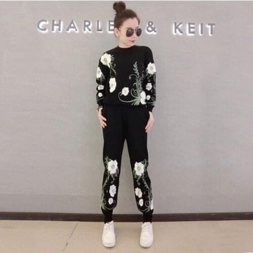 Fashion Flower Embroidery Women O Neck Pullover Pencil Pants Black Knitted Tracksuit Outfits Female Gray Casual Knitwear 2Pc Set
