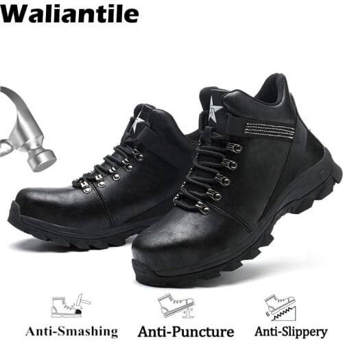 Waliantile Men Safety Work Boots Shoes Vintage Motorcycle Ankle Boots Men Anti-smashing Indestructible Shoes Leather Work Boots