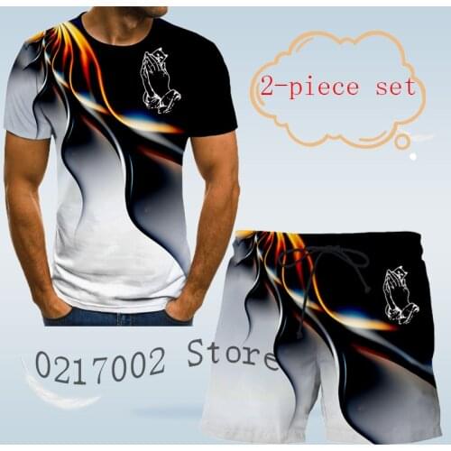 New mens suit short sleeve palm cat pattern 3D T-shirt and shorts fashion printed casual shirt beach 2-piece mens top suit