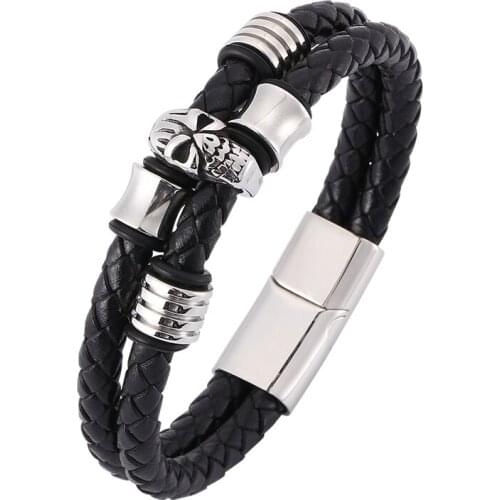 Stainless Steel Skeleton Skull Bracelet Male Double Braided Leather Bracelet Men Jewelry Fashion Bangles Gifts PD0376